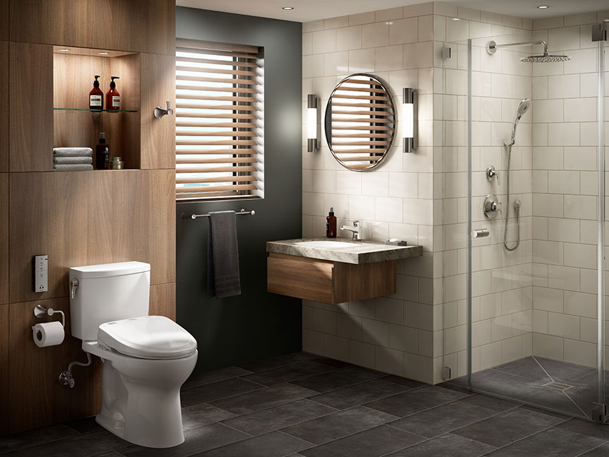 Modern bathroom featuring a TOTO Drake II toilet with S350e WASHLET bidet seat attachment, wood accents, and a glass-enclosed shower