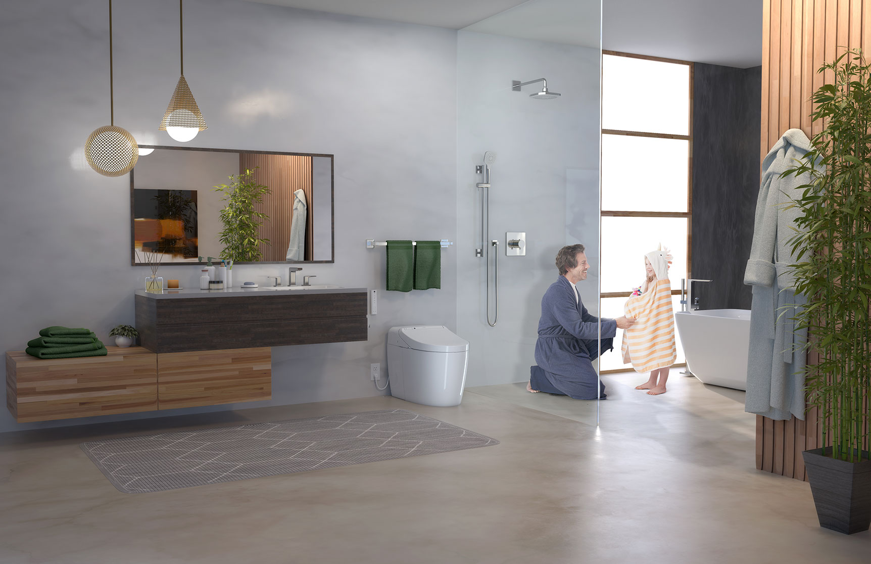 An ADA-compliant universal height WASHLET G450 Integrated Smart Toilet featured in a modern, open-concept-designed bathroom.