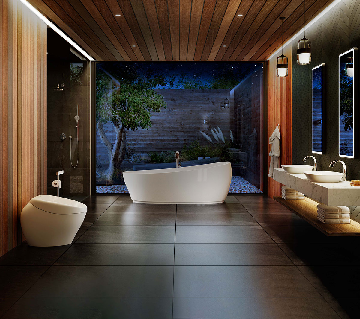 A luxury bathroom suite featuring TOTO’s NEOREST products highlights eco-elegance.