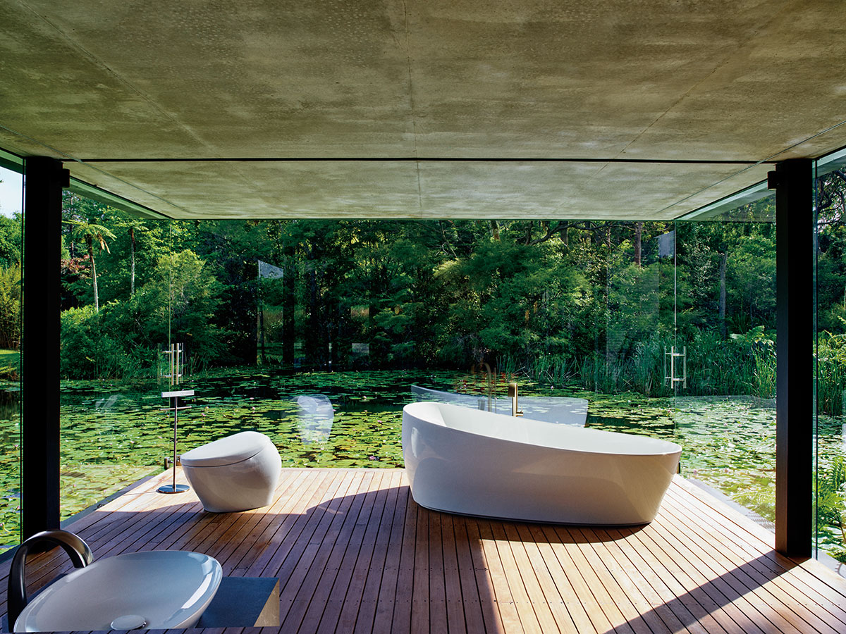 A selection of products from TOTO’s NEOREST collection staged in a nature-influenced open setting.