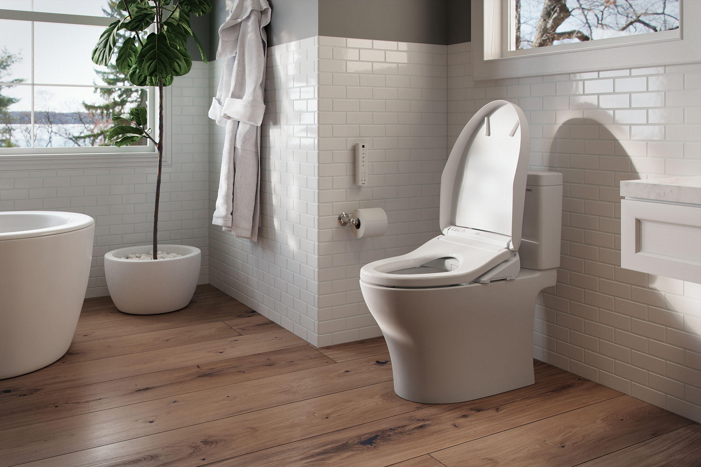 The WASHLET K300 bidet seat, a luxurious retreat bathroom centerpiece, embodies the essence of a perfect sanctuary.